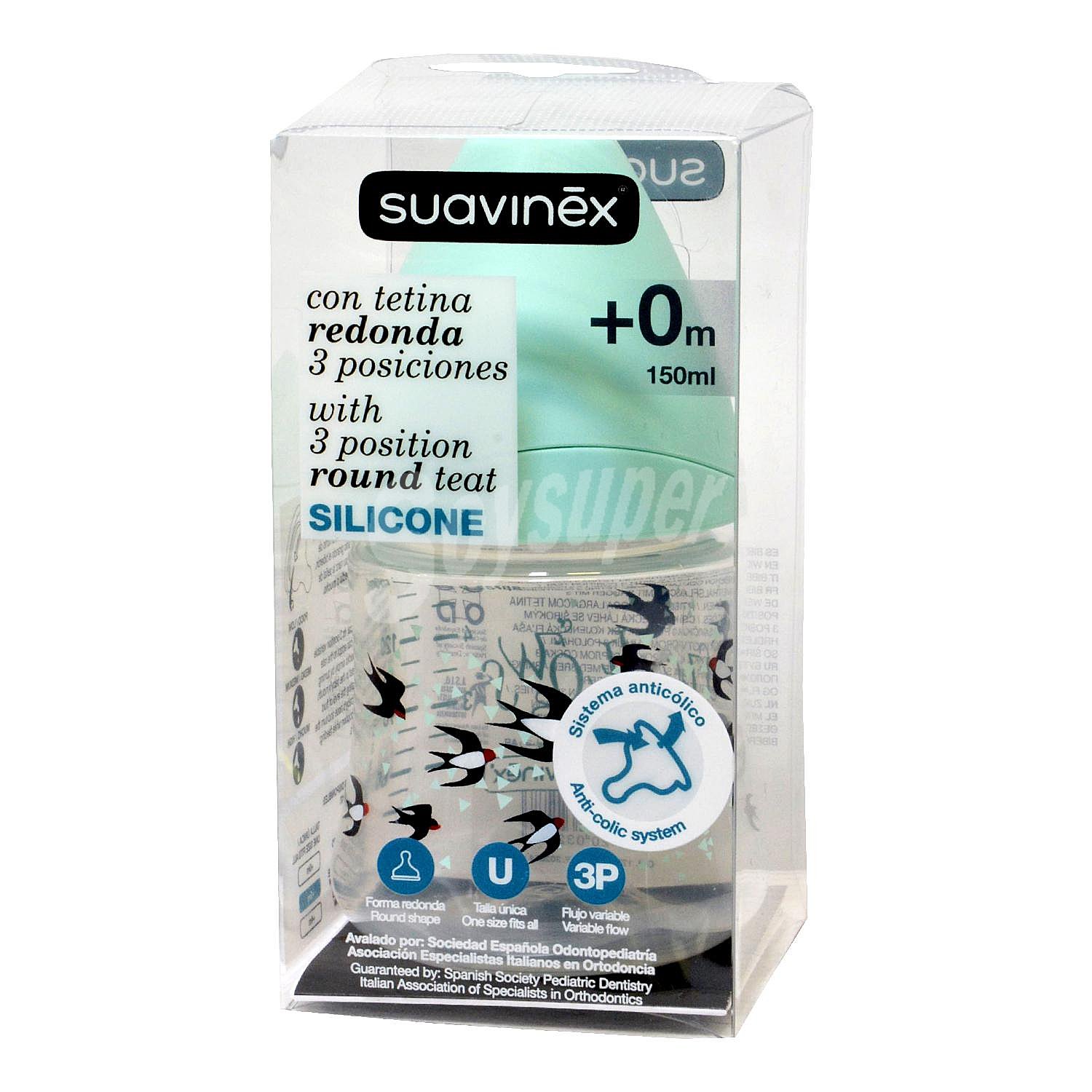 Biberon Pc T Silicona Redonda 3 Posiciones Suavinex 150 Cc